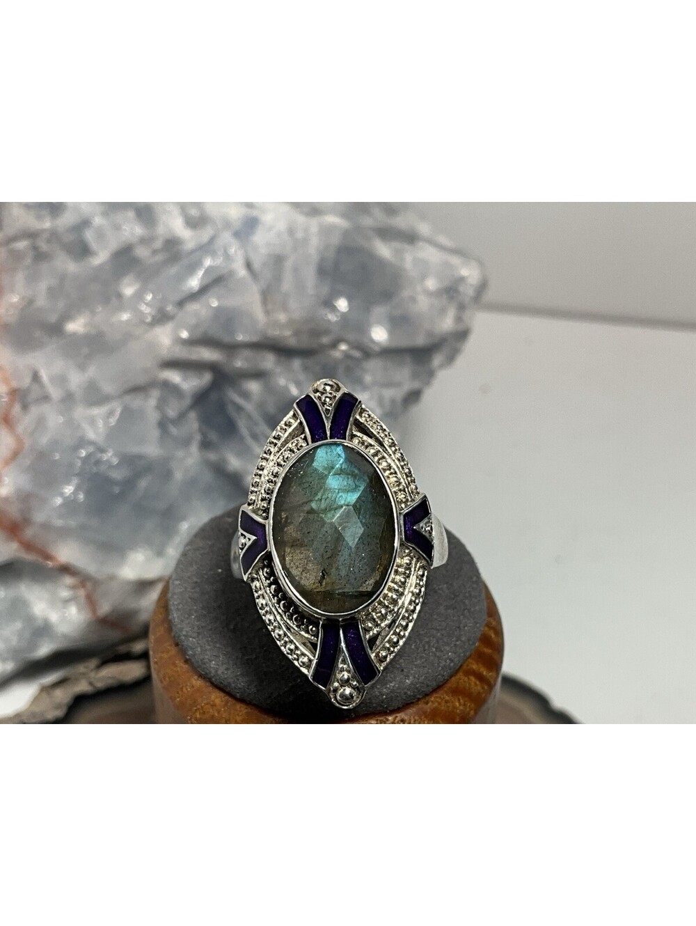 NICKY BUTLER MOONSTONE Genuine Gemstone PURPLE ENAMEL Sterling Silver RING Sz 8.